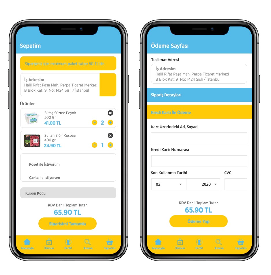BiP Market sepet ve ödeme ekranları